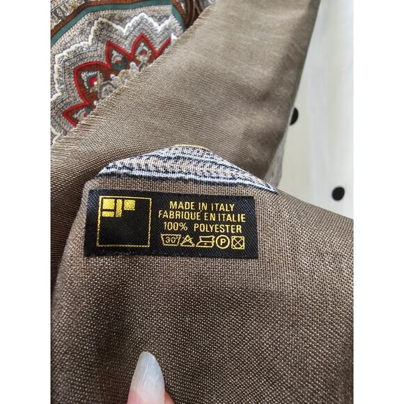 Italian made olive green paisley polyester woven large square raw edge scarf - Picture 2 of 8